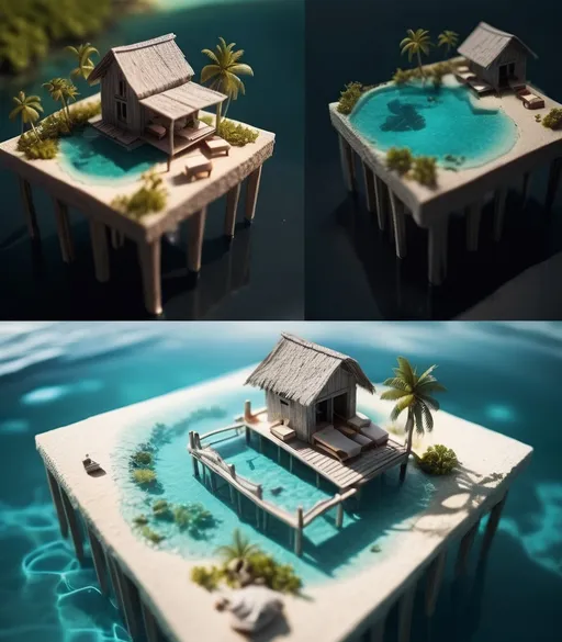 Prompt: miniature isometric world render, a hut surrounded by clear water, bahamas, on a table