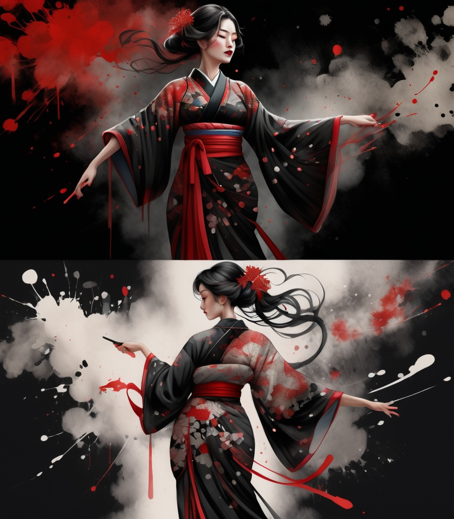 Prompt: digital watercolor painting, a woman wearing an intricate kimono, paint splatter, black and red, bold brush strokes, art nouveau