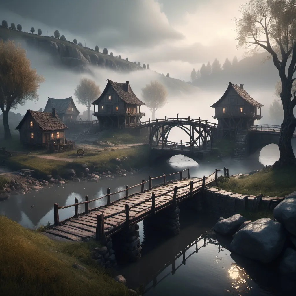 Prompt: small settlement, foggy, bridge and river, dramatic fantasy settlement scene, cinematic lighting