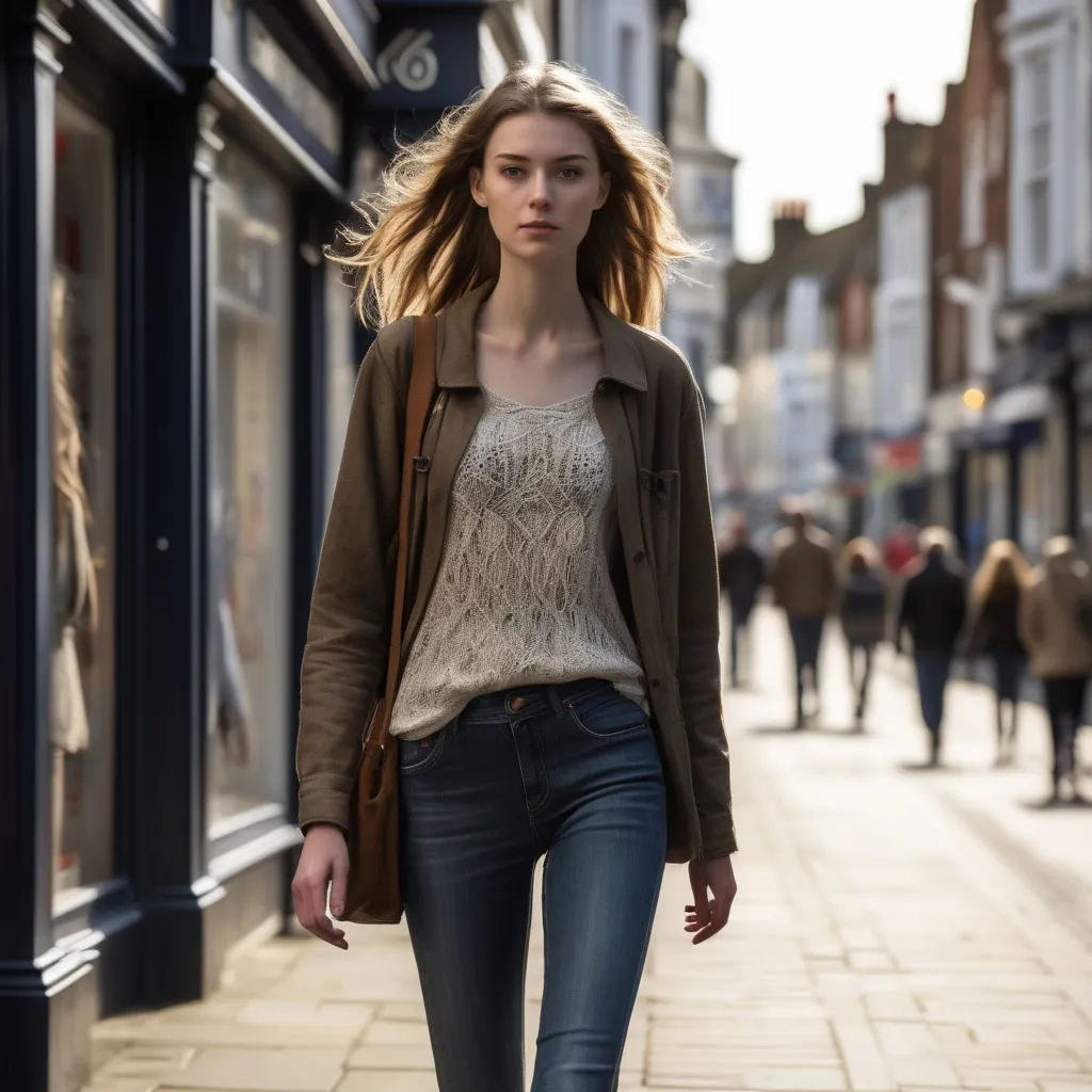 Prompt: Tall young woman walking down the high street, detailed clothing, realistic, natural lighting