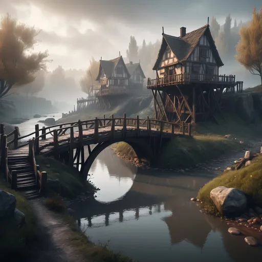 Prompt: small settlement, foggy, bridge and river, dramatic fantasy settlement scene, cinematic lighting