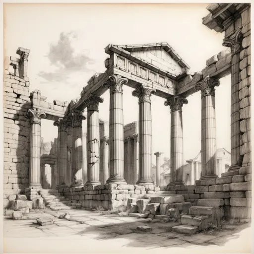 Prompt: pencil-sketch of a ruin of a Roman temple