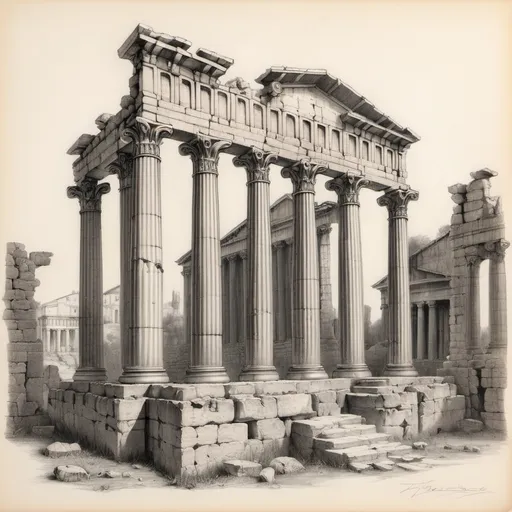 Prompt: pencil-sketch of a ruin of a Roman temple