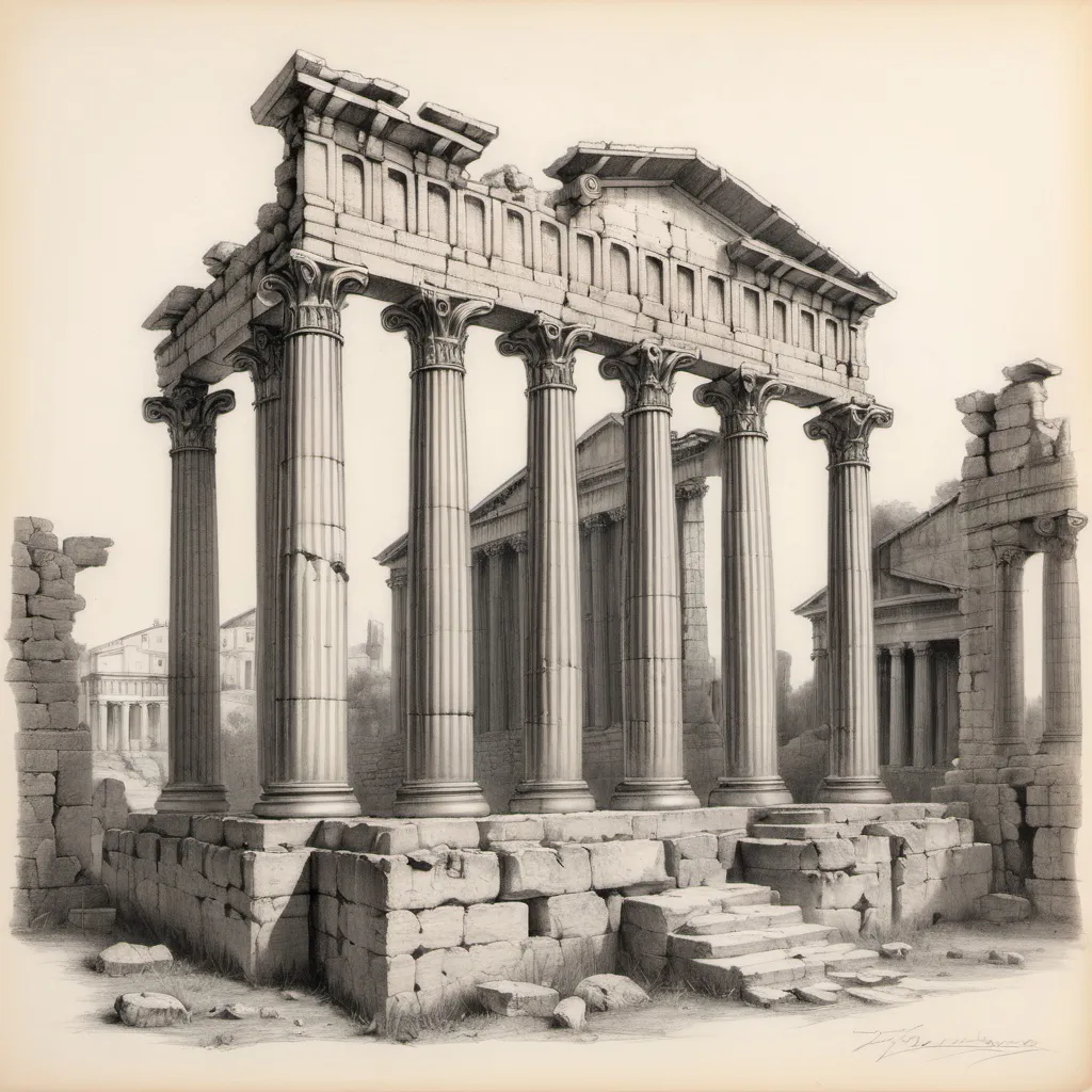 Prompt: pencil-sketch of a ruin of a Roman temple