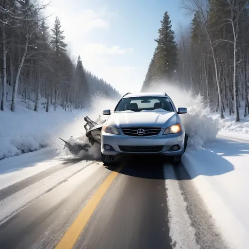 Prompt: car crashes on snowy road, dynamic motion, high-speed, high-res, realistic, snow-covered landscape, icy conditions, dramatic lighting