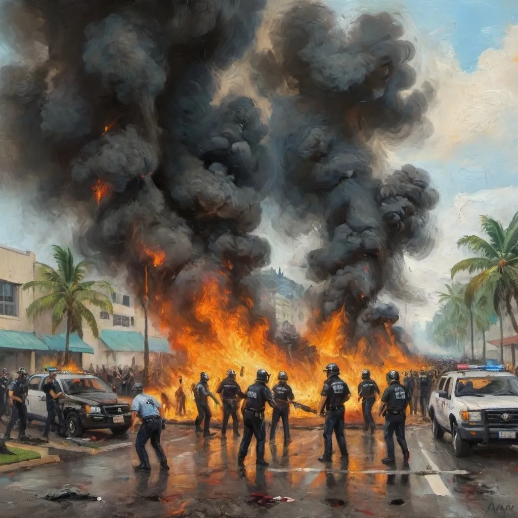 Prompt: riot breaking out in a tropical area, smoke, anarchic environment, not too many people, not too many police, beat up cars, fire in random spots, not too much fire