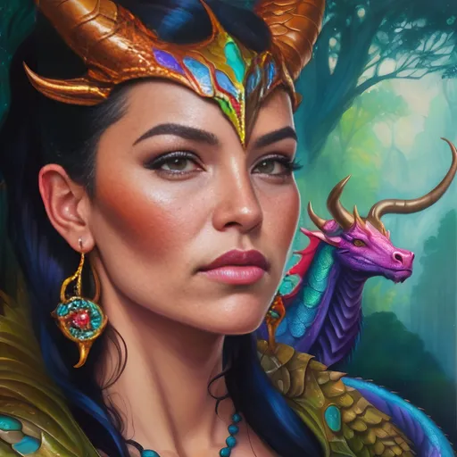 Prompt: Taurus dragon woman, mystical and enchanting, oil painting, detailed scales and horns, powerful presence, vibrant colors, fantasy, high quality, mystical, oil painting, detailed scales, vibrant colors, powerful presence