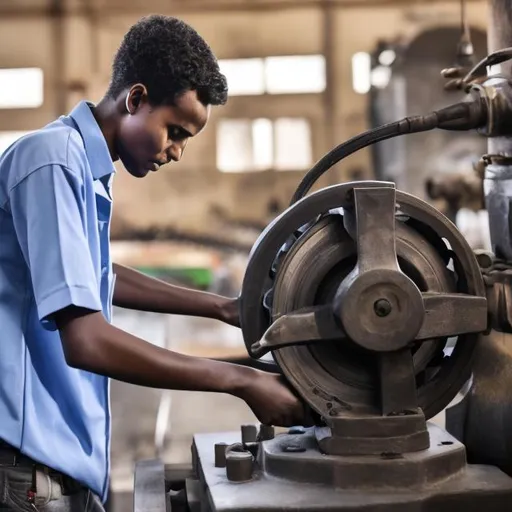 Prompt: An Ethiopian young man working at machine shop with power zone Engineering slogan 