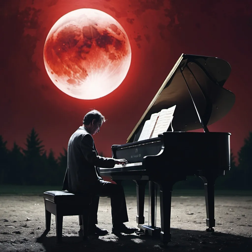 Prompt: A man playing the piano under the blood moon