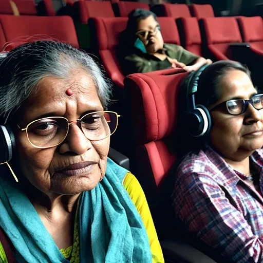 Prompt: create image , analog film style The government has notified the Guidelines of Accessibility Standards to ensure that feature films shown in cinema theatres are accessible to persons with hearing and visual impairments. These guidelines aim to make films more inclusive by incorporating measures that allow individuals with disabilities to fully enjoy the cinema experience. make image indian make them wear headphones too
without mic and make theater full of audience


