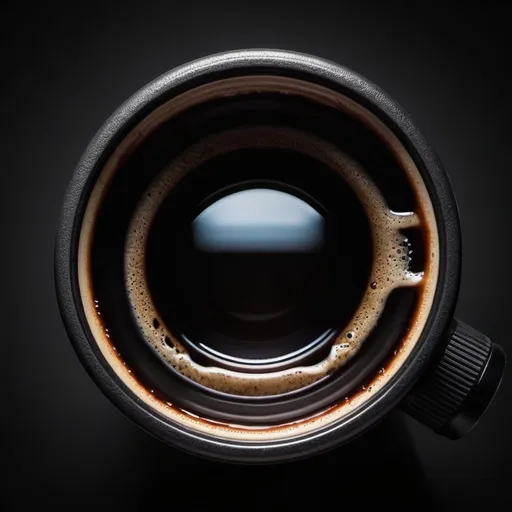 Prompt: Make a completely black coffee cup designed as a detailed camera lens with darkest background. Zoom out the picture