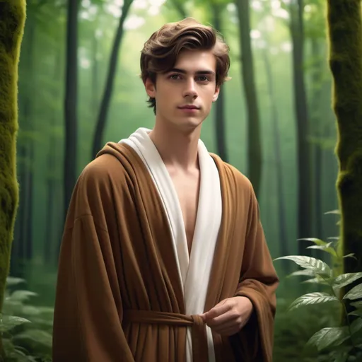 Prompt: (magical young man, 23 years old), (brown hair), wearing a (brown robe), , set against an forest backdrop,  vibrant greenery,  robe , high quality, (ultra-detailed, 4K).