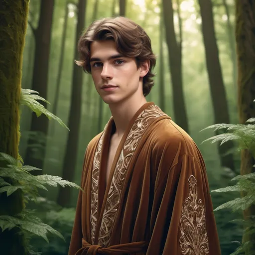 Prompt: (magical young man, 23 years old), (brown hair), wearing a (brown robe), , set against an forest backdrop,  vibrant greenery, intricate robe detailing, high quality, (ultra-detailed, 4K).