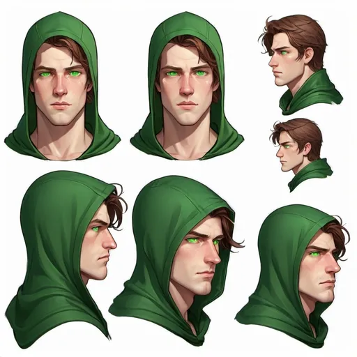 Prompt: Character design sheet A White man who has brown hair and green eyes in a green hood