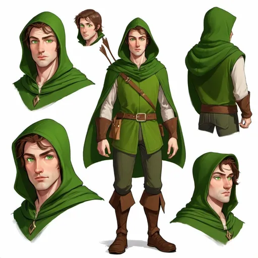 Prompt: Character design sheet A White man who has brown hair and green eyes in a green hood, robin hood style character'