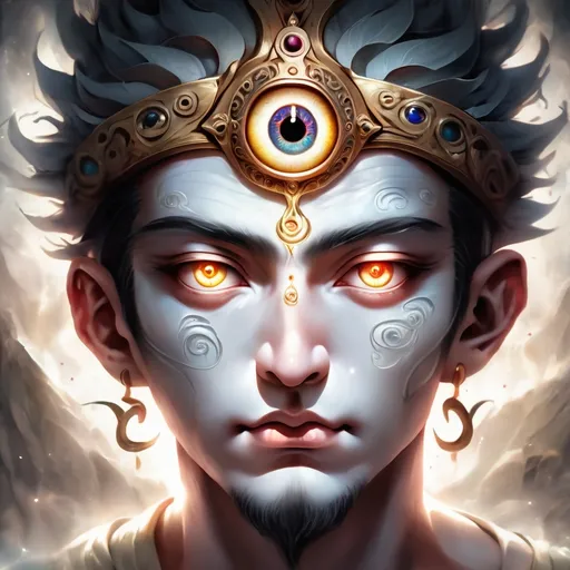 Prompt: a human face with three eyes, its third eye is having a spiritual awakening, his eyes are like that of a buddha, his skin is like that of a dragon, and yet it has mystic gaze and it has the enlightement of clear wisdom shining forth from its eyes, as it stares into the a camera