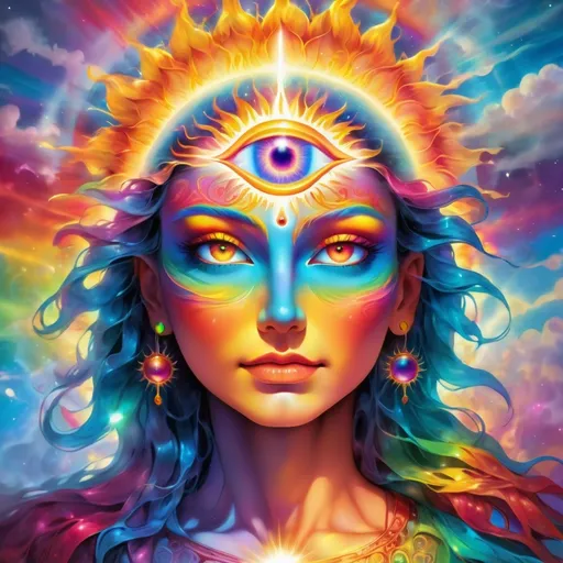 Prompt: Sun with third eye open, spiritual awakening, vibrant rainbow effects, wisdom clarity, high quality, colorful, vibrant, spiritual, enlightenment, third eye open, radiant, transcendent, detailed sun, surreal, mystical, intense gaze, vivid colors, atmospheric lighting