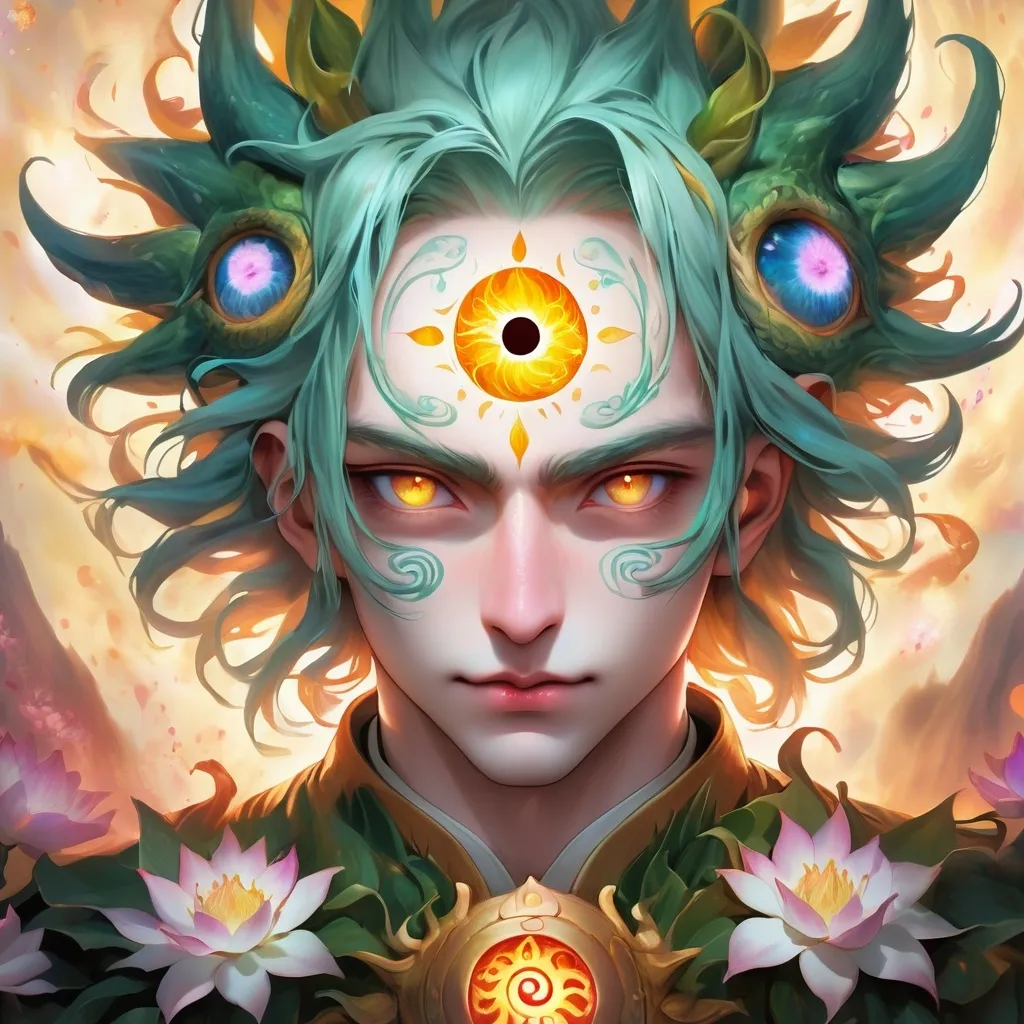 Prompt: a human with a dragon face with three eyes, and its third eye is placed vertically on its forehead, which is flowering, and its mane is like sun as it stares serenely and calmly into the a camera