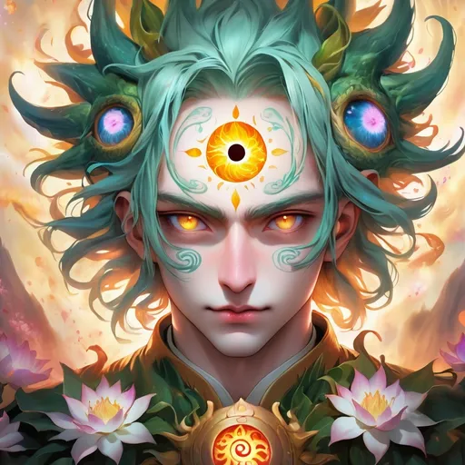 Prompt: a human with a dragon face with three eyes, and its third eye is placed vertically on its forehead, which is flowering, and its mane is like sun as it stares serenely and calmly into the a camera