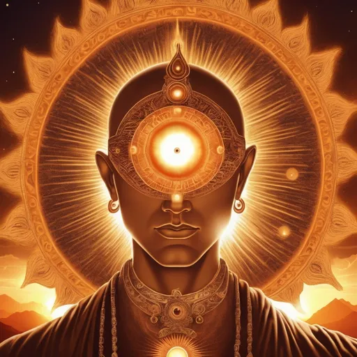 Prompt: sun has a male face with three eyes, looking focused and calm into the camera, and its third eye is on its forehead and vertically placed, and that spiritual eye of enlightenmetn and awakening carries magnificence