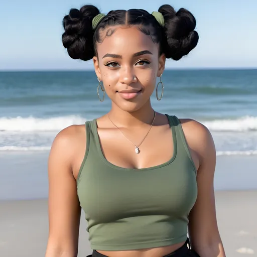 Prompt: an african american lighskinned female with 4c jet black hair in two space buns, ocean,hazel and grey eyes, freckles with a diamond shaped head, and cheek dimples with an hourglass figure wearing a sage tank top and a black fitted skirt with sage beach sandals next to the ocean at the beach