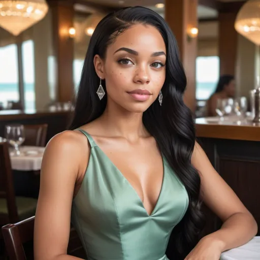 Prompt: an african american lighskinned female with long sleek jet black hair, ocean,hazel and grey eyes, freckles with a diamond shaped head, and cheek dimples with an hourglass figure wearing a sage silk dress sitting in a fancy restaurant 