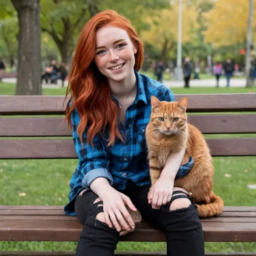 Prompt: a white, red haired female with freckles. heart shaped head with dimples and an inverted triangle body shape wearing a blue flannel shirt, black ripped jeans and brown boots sitting on a bench in the park with a black cat on her lap while smiling