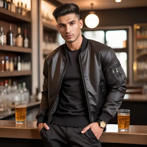 Prompt: an indian, brown haired male with a defined square  shaped head with dimples and muscular built body shape wearing a black bomber jacket and black cargo pants with sneaker leaning on a bar with a glass of liquor in hand and a gold watch on