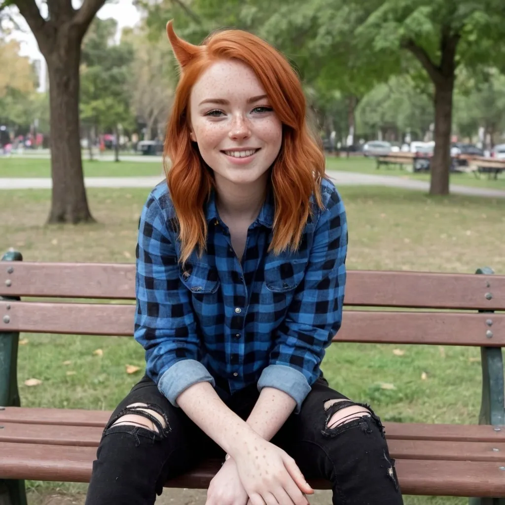 Prompt: a white, red haired female with freckles. heart shaped head with dimples and an inverted triangle body shape wearing a blue flannel shirt, black ripped jeans and brown boots sitting on a bench in the park with a black cat on her lap while smiling