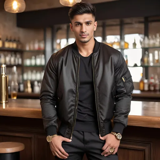 Prompt: an indian, brown haired male with a defined square  shaped head with dimples and muscular built body shape wearing a black bomber jacket and black cargo pants with sneaker leaning on a bar with a glass of liquor in hand and a gold watch on