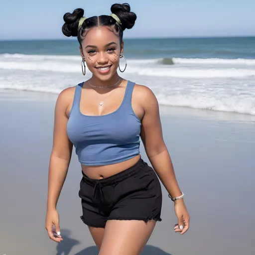 Prompt: an african american lighskinned female with 4c jet black hair in two space buns, ocean,hazel and grey eyes, freckles with a diamond shaped head, and cheek dimples with an hourglass figure wearing a blue tank top and black shorts with sage beach sandals next to the ocean at the beach