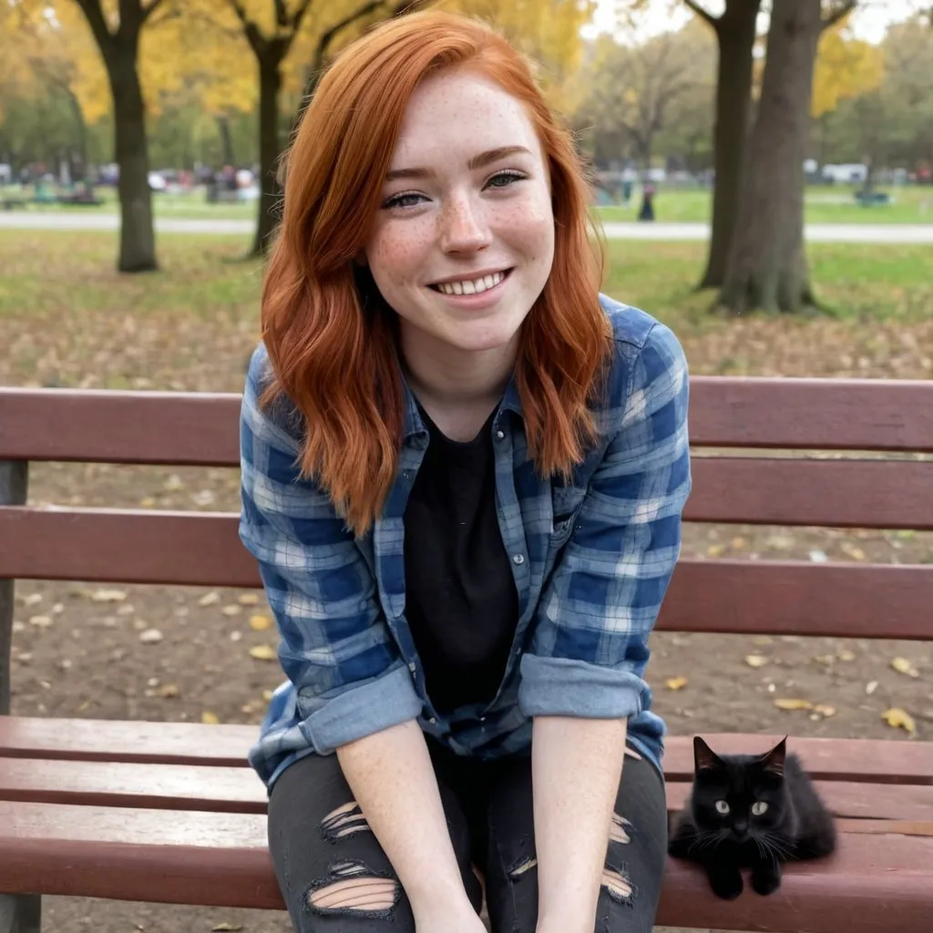 Prompt: a white, red haired female with freckles. heart shaped head with dimples and an inverted triangle body shape wearing a blue flannel shirt, black ripped jeans and brown boots sitting on a bench in the park with a black cat on her lap while smiling