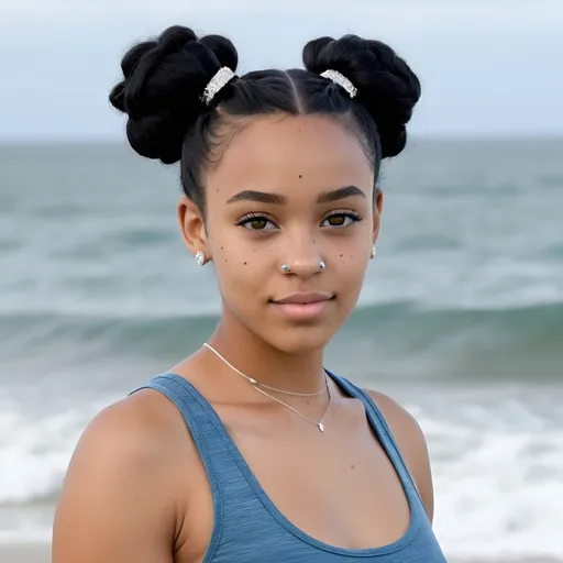 Prompt: an african american lighskinned female with 4c jet black hair in two space buns, ocean,hazel and grey eyes, freckles with a diamond shaped head, and cheek dimples with an hourglass figure wearing a blue tank top and black shorts with sage beach sandals next to the ocean at the beach