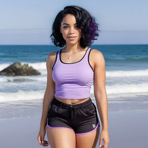 Prompt: an african american lighskinned female with shoulder lenght jet black hair, ocean,hazel and grey eyes, freckles with a diamond shaped head, and cheek dimples with an hourglass figure wearing a lilac top and black shorts with sneakers next to the ocean at the beach