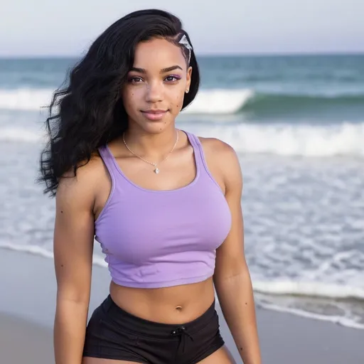 Prompt: an african american lighskinned female with shoulder lenght jet black hair, ocean,hazel and grey eyes, freckles with a diamond shaped head, and cheek dimples with an hourglass figure wearing a lilac top and black shorts with sneakers next to the ocean at the beach