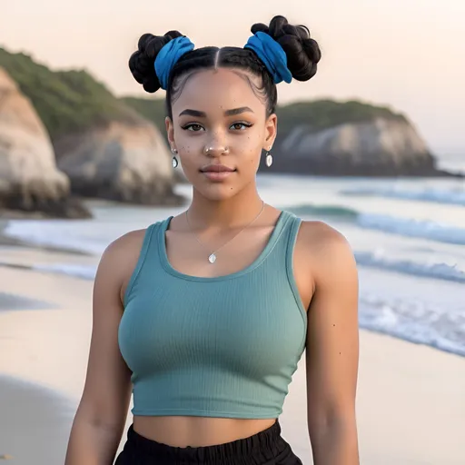Prompt: an african american lighskinned female with 4c jet black hair in two space buns, ocean,hazel and grey eyes, freckles with a diamond shaped head, and cheek dimples with an hourglass figure wearing a blue tank top and black shorts with sage beach sandals next to the ocean at the beach