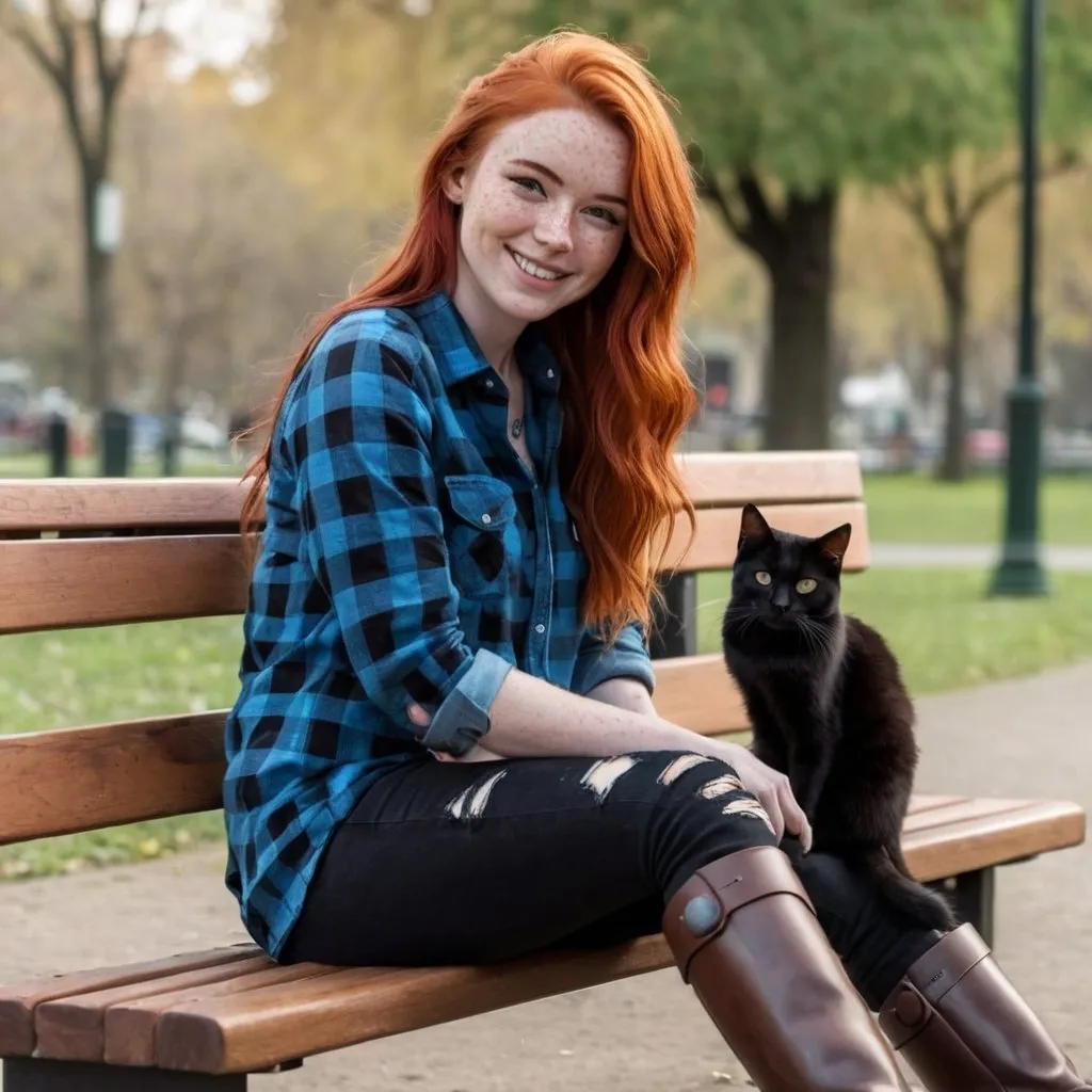 Prompt: a white, red haired female with freckles. heart shaped head with dimples and an inverted triangle body shape wearing a blue flannel shirt, black ripped jeans and brown boots sitting on a bench in the park with a black cat on her lap while smiling