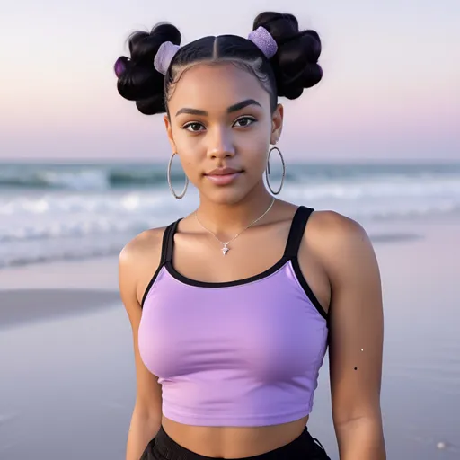 Prompt: an african american lighskinned female with 4c jet black hair in two space buns, ocean,hazel and grey eyes, freckles with a diamond shaped head, and cheek dimples with an hourglass figure wearing a lilac top and black shorts with sneakers next to the ocean at the beach