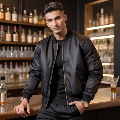 Prompt: an indian, brown haired male with a defined square  shaped head with dimples and muscular built body shape wearing a black bomber jacket and black cargo pants with sneaker leaning on a bar with a glass of liquor in hand and a gold watch on