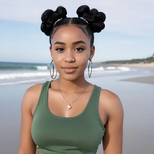 Prompt: an african american lighskinned female with 4c jet black hair in two space buns, ocean,hazel and grey eyes, freckles with a diamond shaped head, and cheek dimples with an hourglass figure wearing a sage tank top and a black fitted skirt with sage beach sandals next to the ocean at the beach