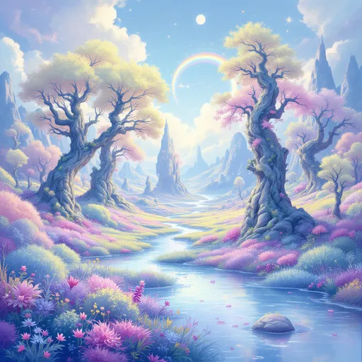 Prompt: Create a surreal image of a fantasy landscape in pastels. 