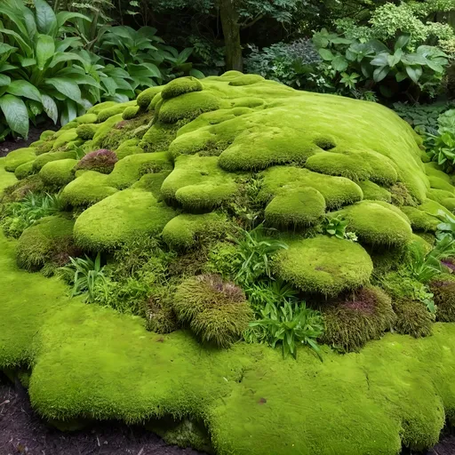 Prompt: a bed of moss in a lush, green garden. 
