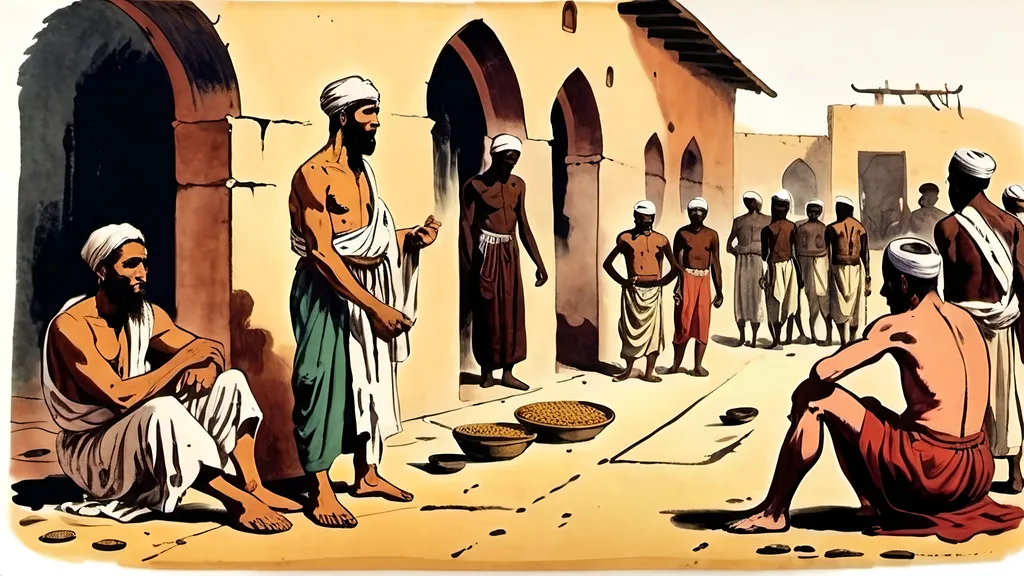 Prompt: slaves in the ancient islamic markets  , vintage american drawing , with colors