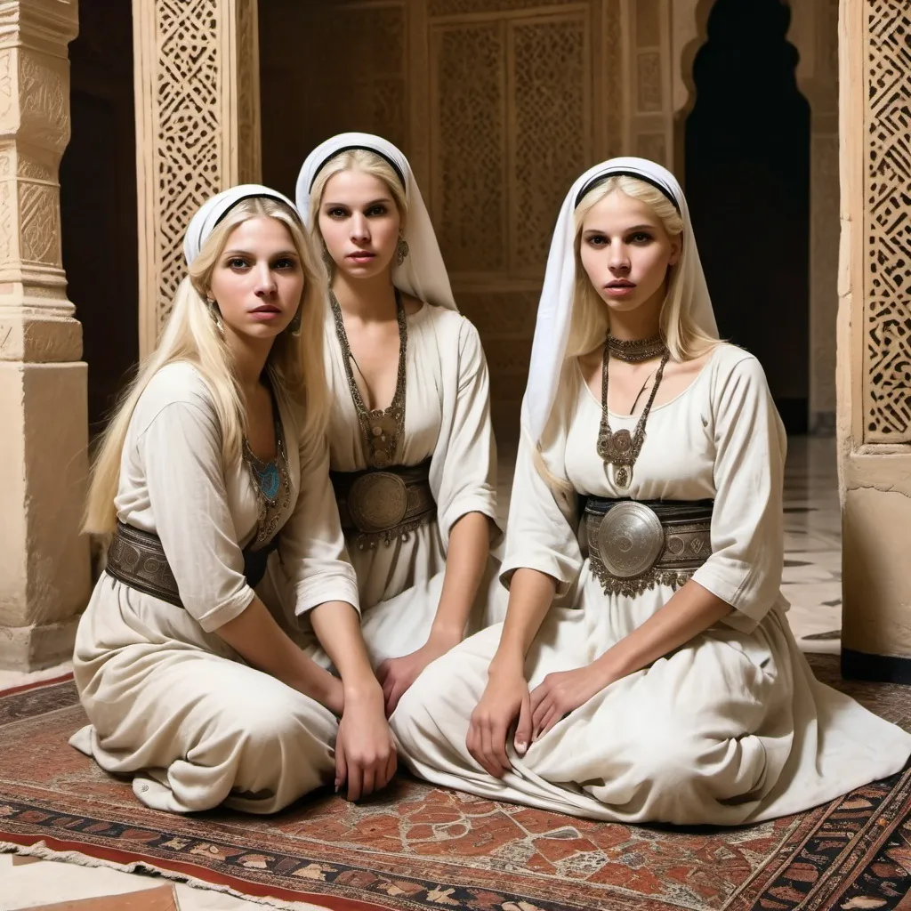 Prompt: white blond slaves women in 900 A.D. , sitting on the floor in ancient arabic palace ,make them wear beautiful  and fancy dresses , vintage american drawings , with colors