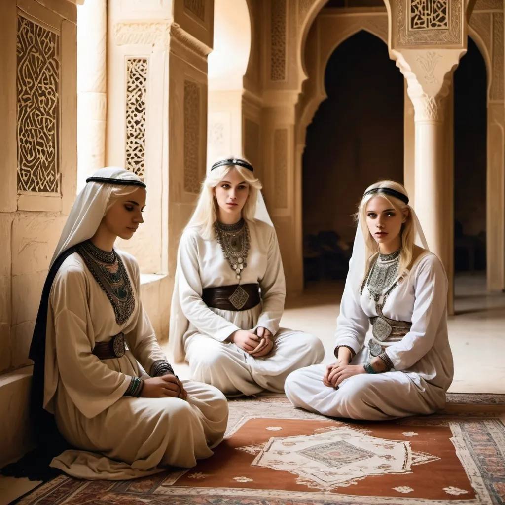 Prompt: white blond slaves women in 900 A.D. , sitting on the floor in ancient arabic palace ,make them wear beautiful  and fancy dresses , vintage american drawings , with colors