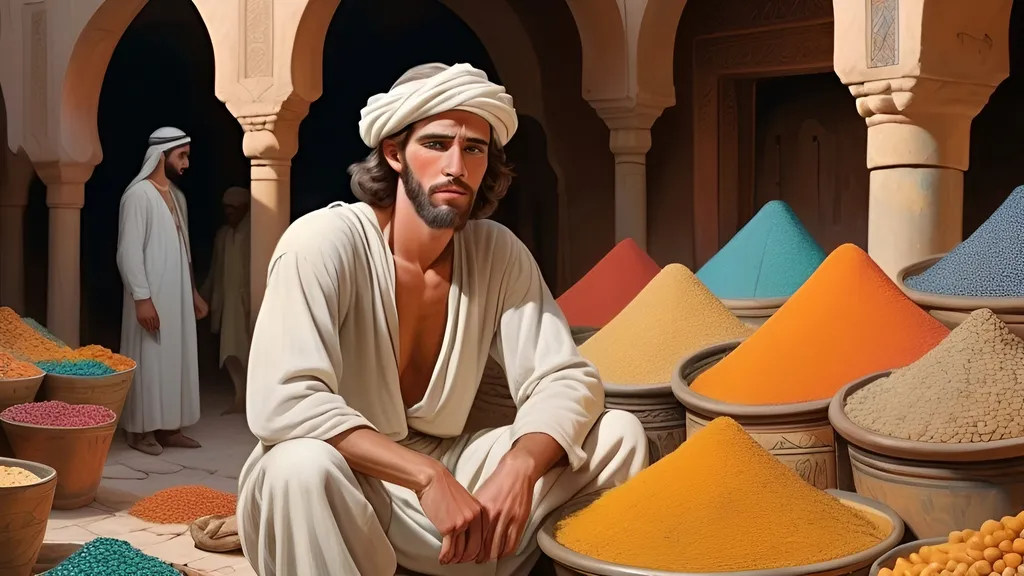 Prompt: white slave man in ancient arabic market , vintage american drawings , with colors