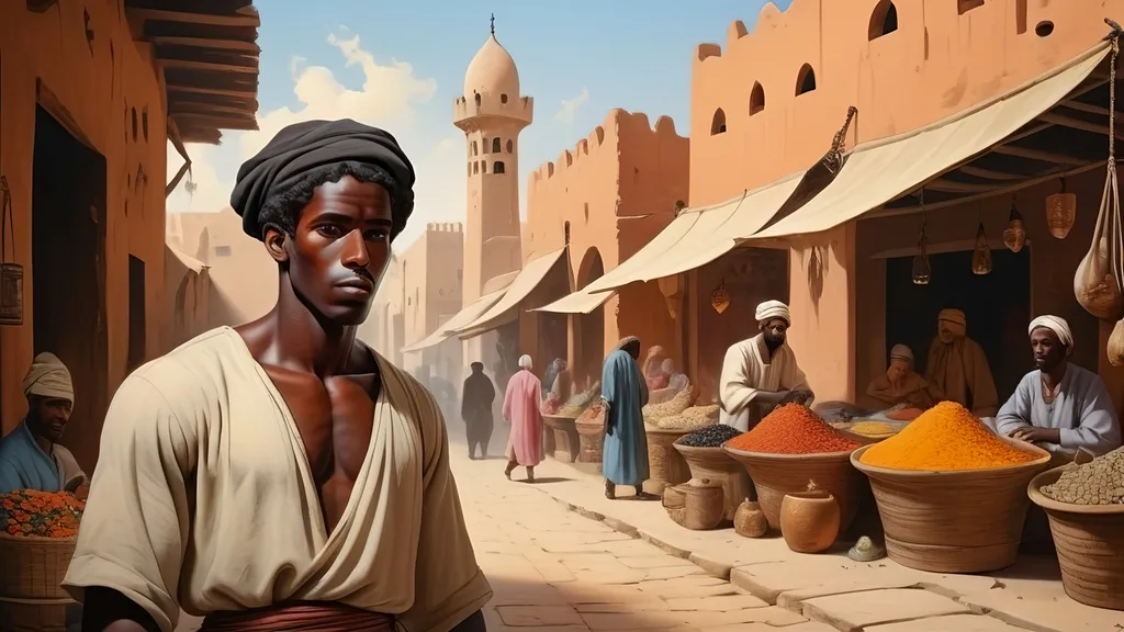 Prompt: black slave man in ancient arabic market , vintage american drawings , with colors