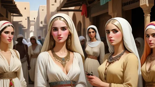 Prompt: white slave women in ancient arab market in the 1800 , make the women blond and beautiful , vintage american drawings , with colors