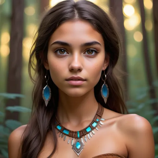 Prompt: Piper McLean (daughter of Aphrodite), twenty year old, chopped chocolate brown, kaleidoscope eyes, (tan skin), beautiful Cherokee facial features, slim athletic build, (dynamic pose), vibrant colors, modern clothes, (warm lighting), ethereal atmosphere, enchanting forest background, ultra-detailed, magical essence of youth and beauty encapsulated in one mesmerizing image.