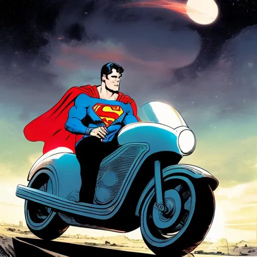 Prompt: superman riding a futurist moto in year 2100 in the pale moonlight